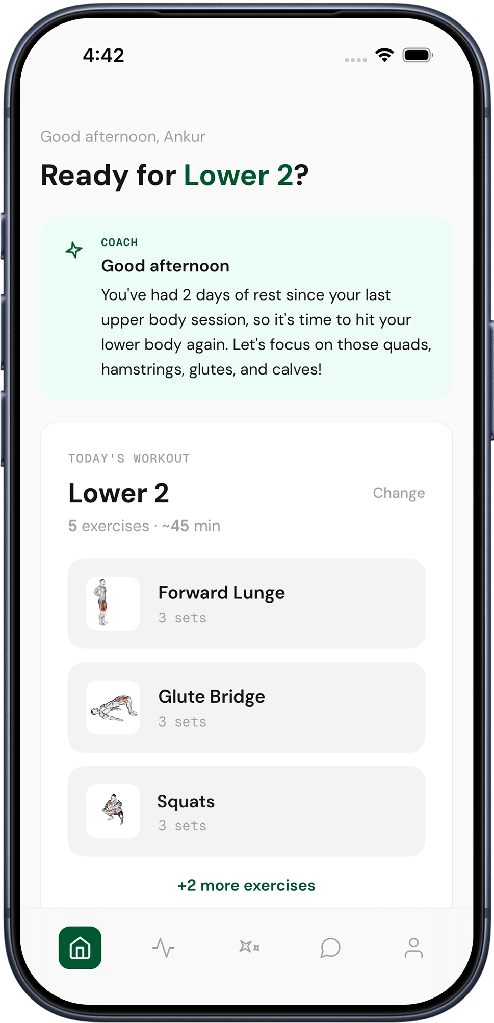 Woody home screen showing the next lower body workout